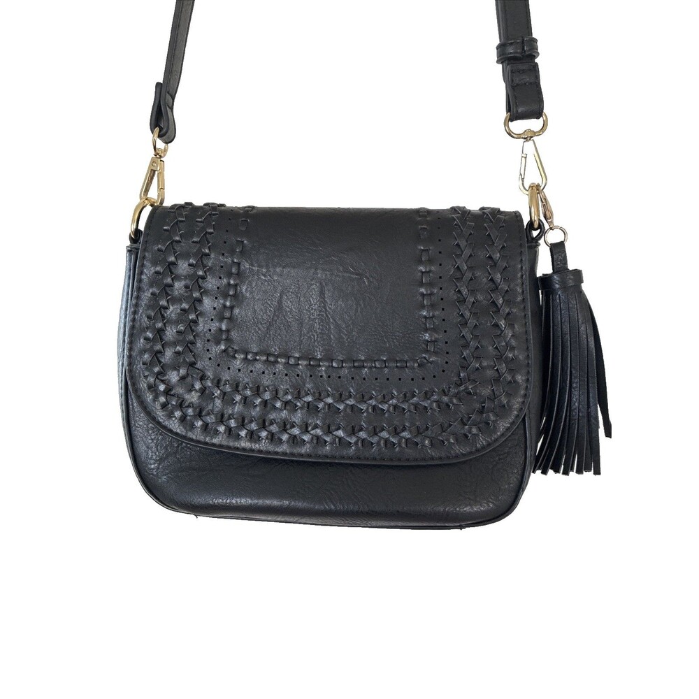 Madison West Crossbody Bag Black Boho Western Braided Whipstitch with Tassel